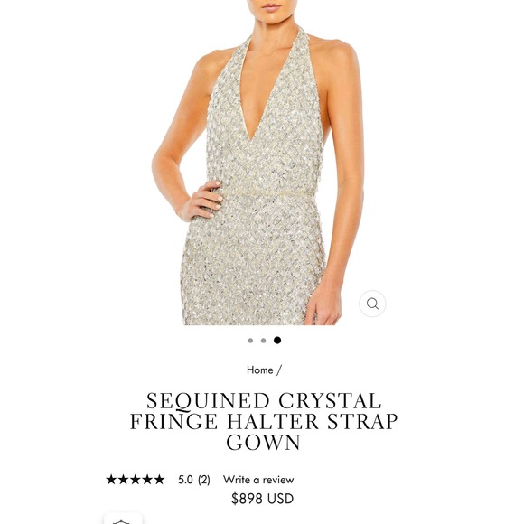 MAC DUGGAL Sequined Crystal Fringe Halter Strap Gown In Silver Size 8 NWT - Picture 4 of 12